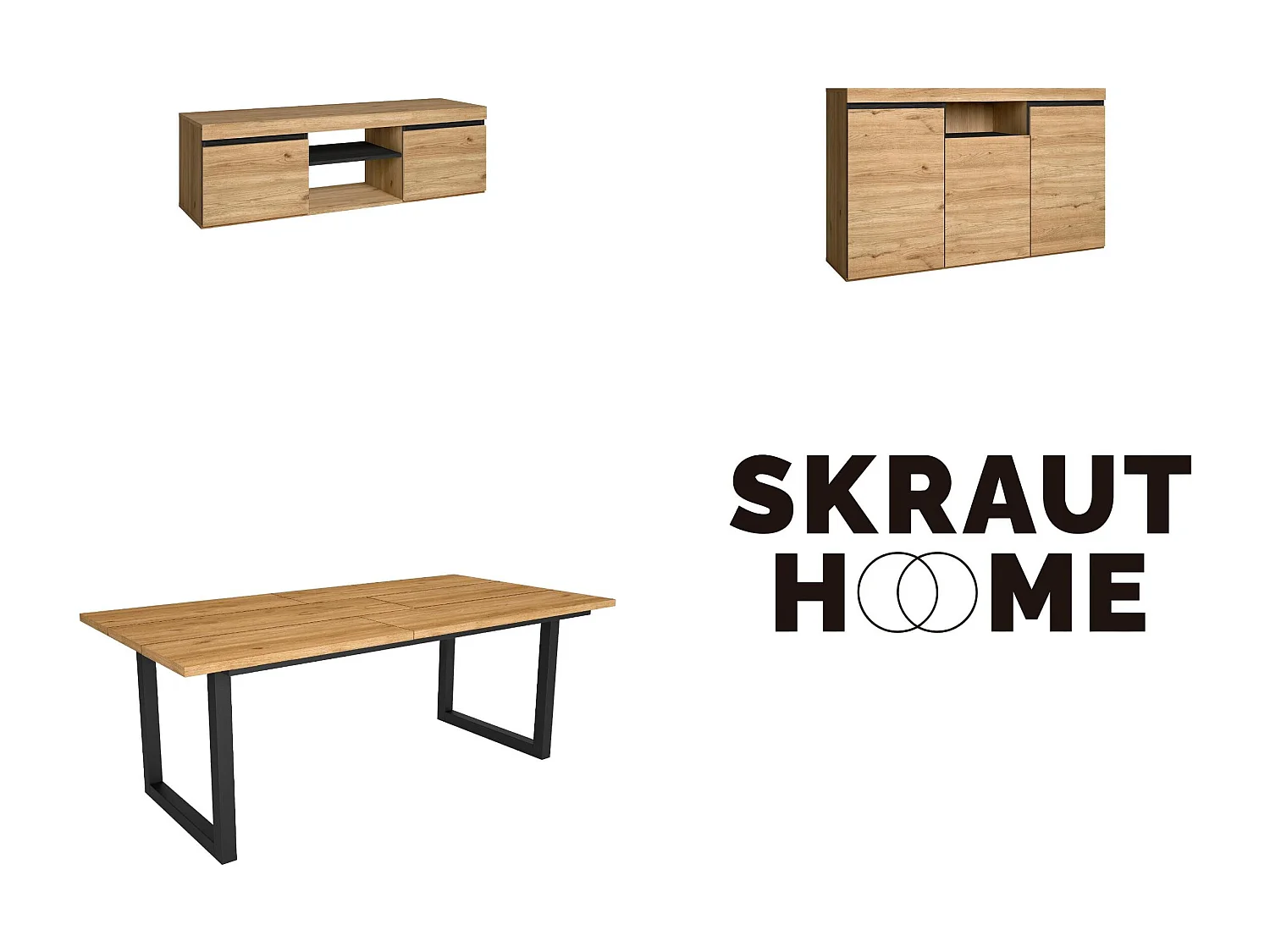 Ensemble de meubles de salon, Table 200 pieds U 10 convives, Meuble TV 140, Crédence / Buffet 140, Chêne et Noir, Style Industriel