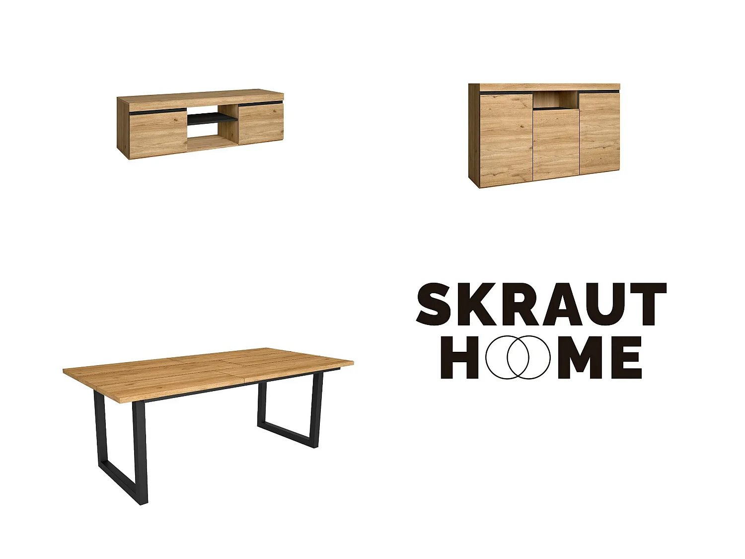 Woonkamermeubelset, Tafel 200 Tafelpoten U 10 gasten, TV Kast 140, Sideboard / Buffetkast 140, Eiken en Zwart, Industriële stijl