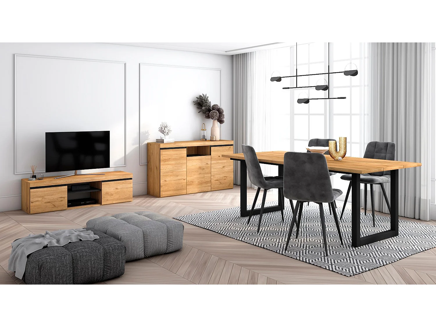 Ensemble de meubles de salon, Table 200 pieds U 10 convives, Meuble TV 140, Crédence / Buffet 140, Chêne et Noir, Style Industriel