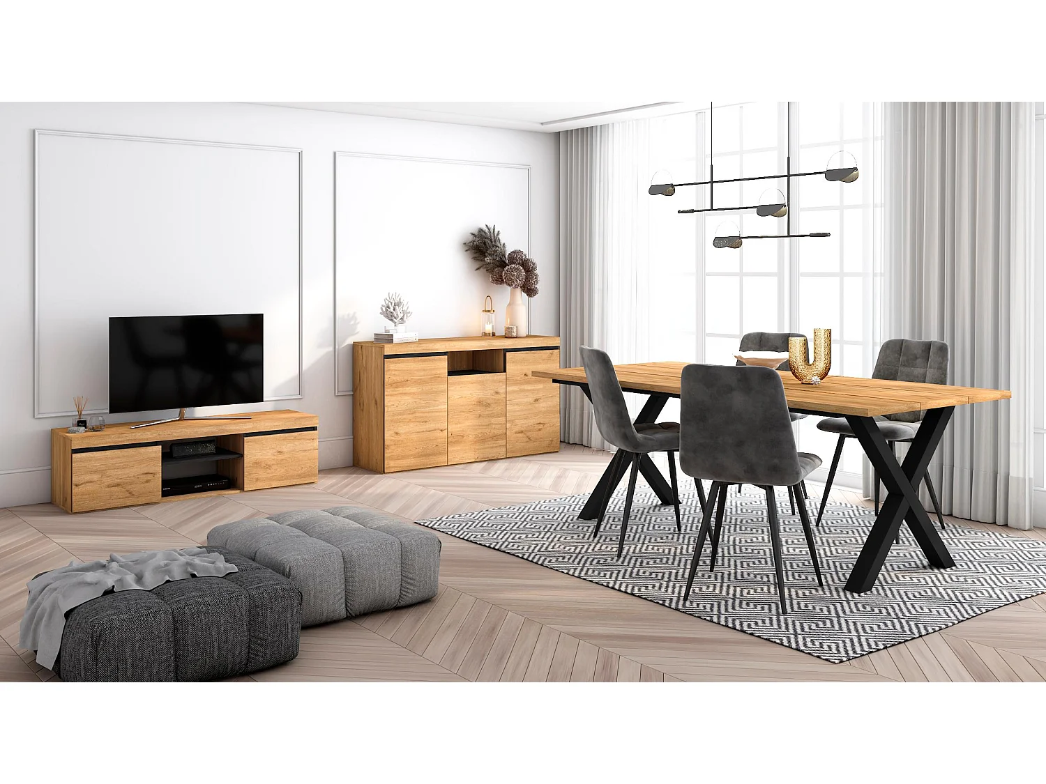 Ensemble de meubles de salon, Table 200 pieds X 10 convives, Meuble TV 140, Crédence / Buffet 140, Chêne et Noir, Style industriel