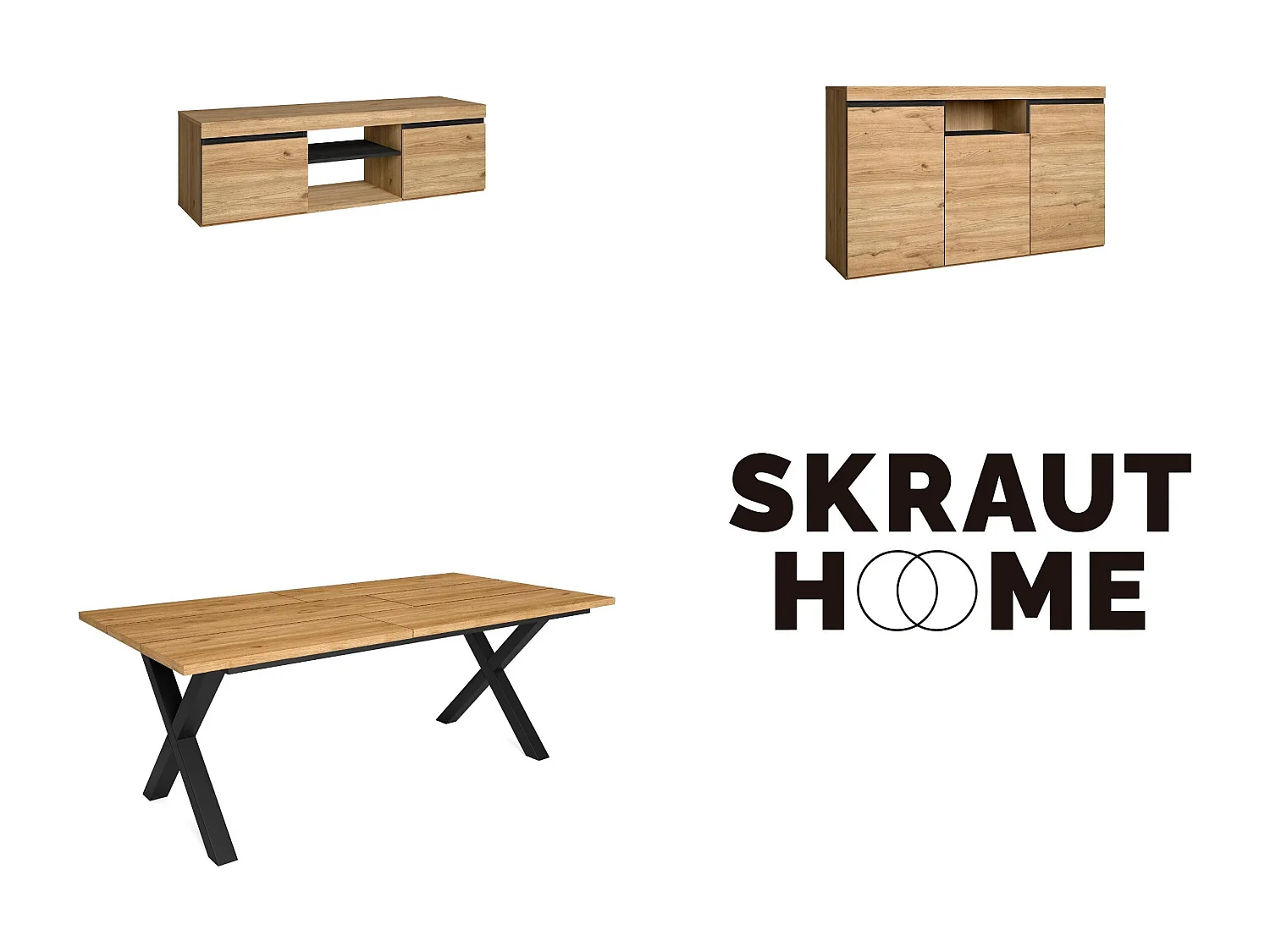 Ensemble de meubles de salon, Table 200 pieds X 10 convives, Meuble TV 140, Crédence / Buffet 140, Chêne et Noir, Style industriel