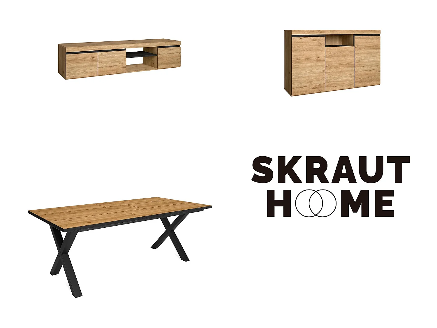 Woonkamermeubelset, Tafel 200 Front Zwart Tafelpoten X 10 gasten, TV Kast160, Sideboard / Buffetkast 140, Eiken, Zwart, Industriële