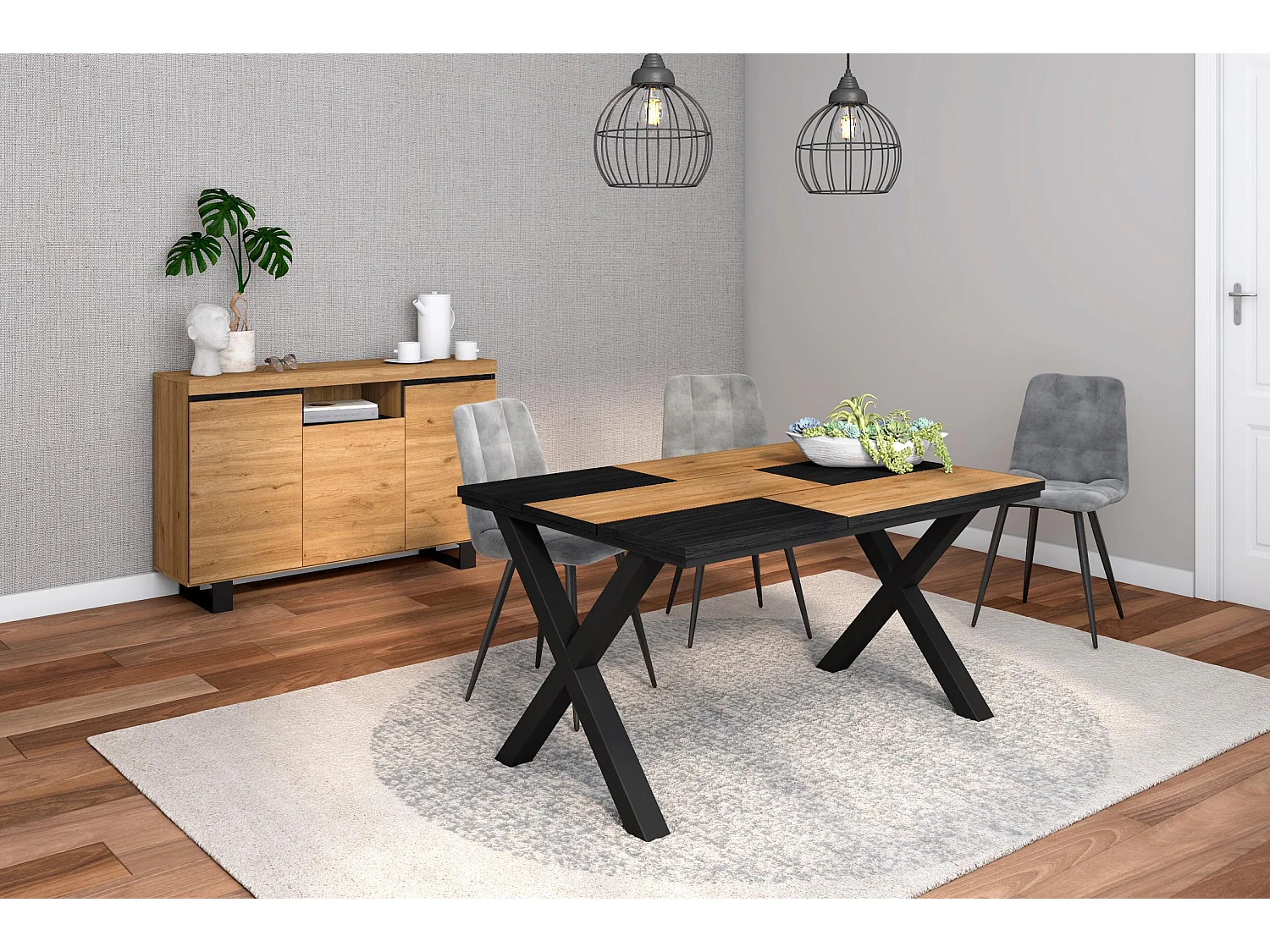Woonkamermeubelset, Tafel 140 Bicolour Tafelpoten X 6 gasten, Sideboard / Buffetkast 140 Tall, Eiken en Zwart, Industriële stijl