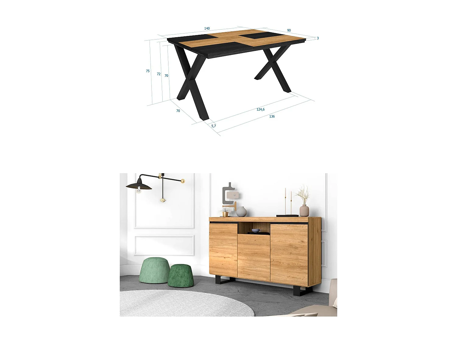 Woonkamermeubelset, Tafel 140 Bicolour Tafelpoten X 6 gasten, Sideboard / Buffetkast 140 Tall, Eiken en Zwart, Industriële stijl