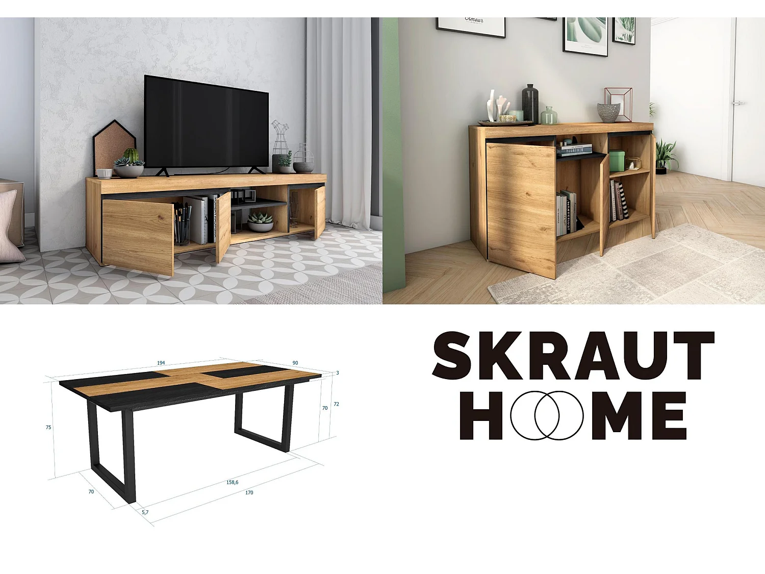 Woonkamermeubelset, Tafel 200 Bicolour Tafelpoten U 10 gasten, TV Kast 160, Sideboard / Buffetkast 140, Eiken en Zwart, Industriële