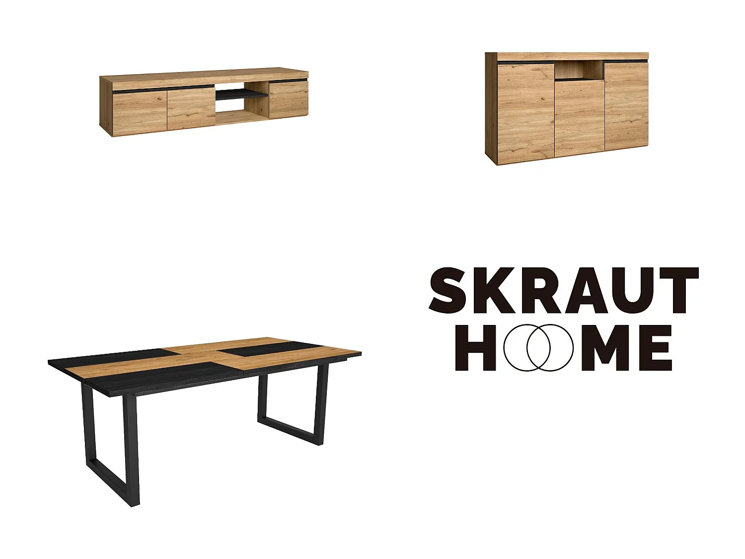 Conjunto de mobiliário para sala de estar, Mesa 200 Bicolor pés U 10 pessoas, Suporte TV 160, Aparador / Buffet 140, Carvalho, Preto