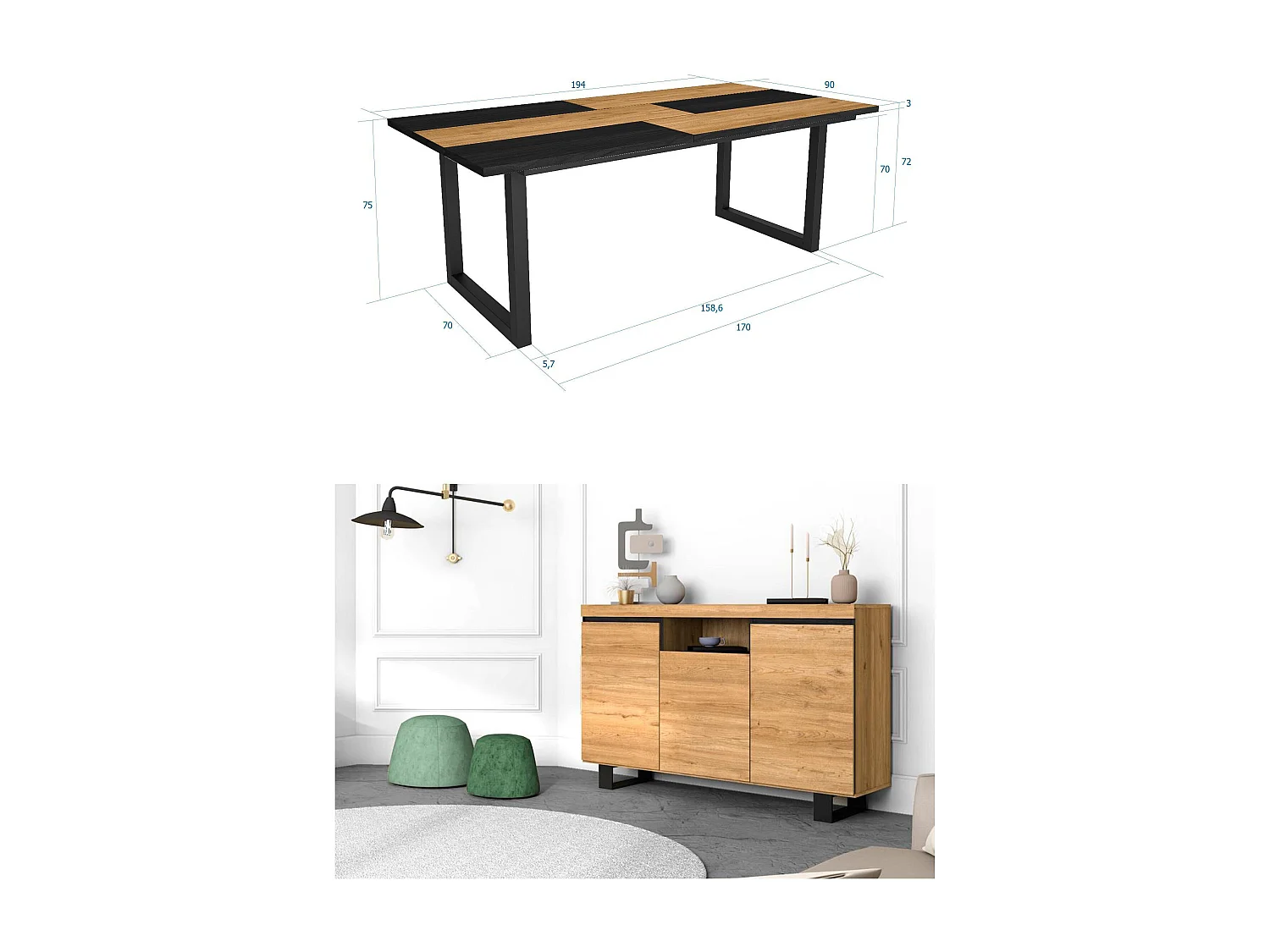 Ensemble de meubles de salon, Table 200 Bicolore pieds U 10 convives, Crédence / Buffet 140 Tall, Chêne et Noir, Style Industriel