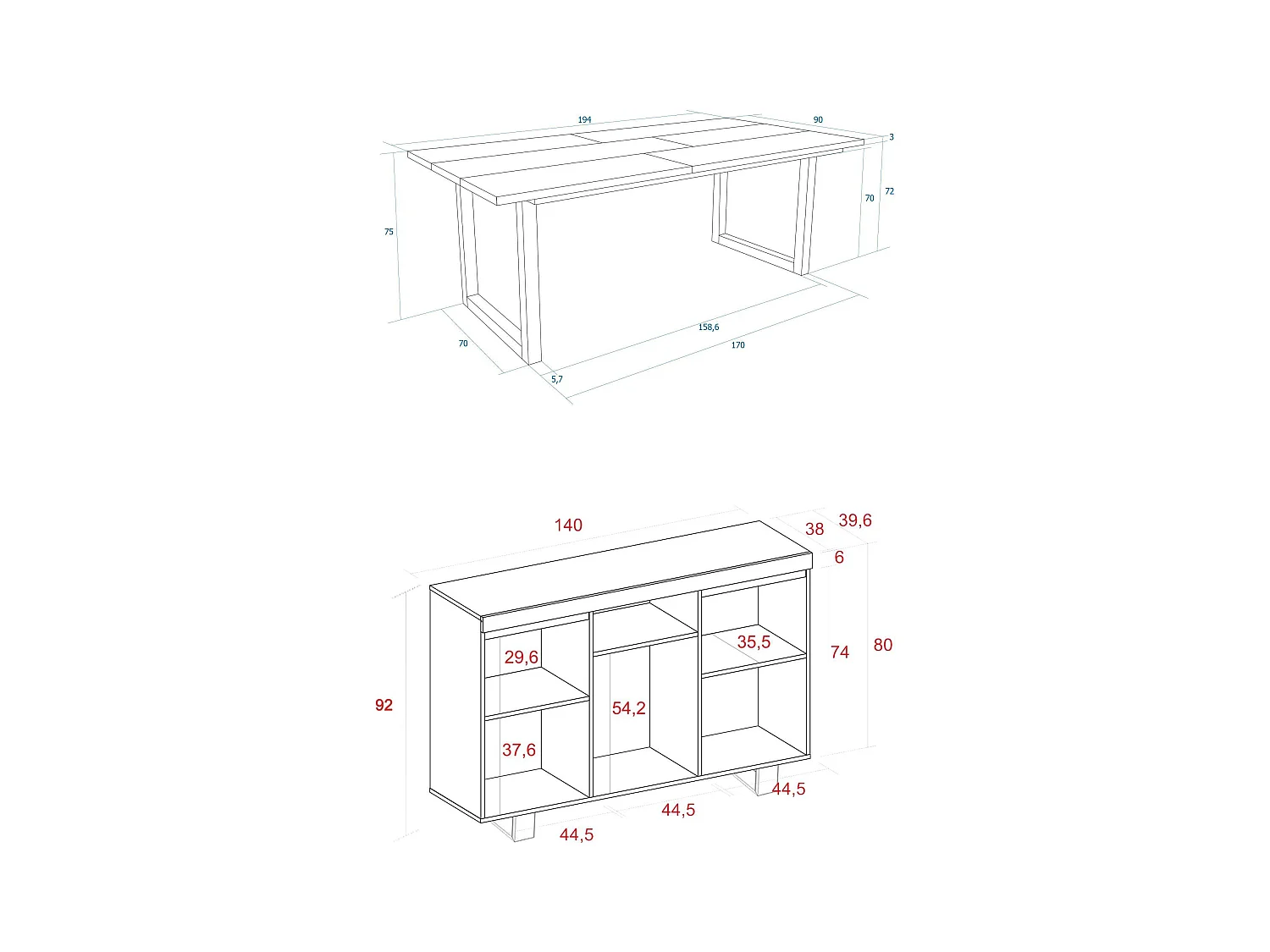 Ensemble de meubles de salon, Table 200 Bicolore pieds U 10 convives, Crédence / Buffet 140 Tall, Chêne et Noir, Style Industriel