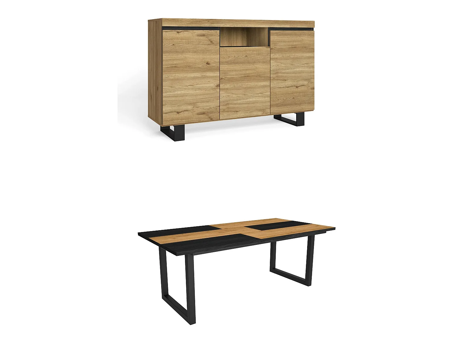 Woonkamermeubelset, Tafel 200 Bicolour Tafelpoten U 10 gasten, Sideboard / Buffetkast 140 Tall, Eiken en Zwart, Industriële stijl
