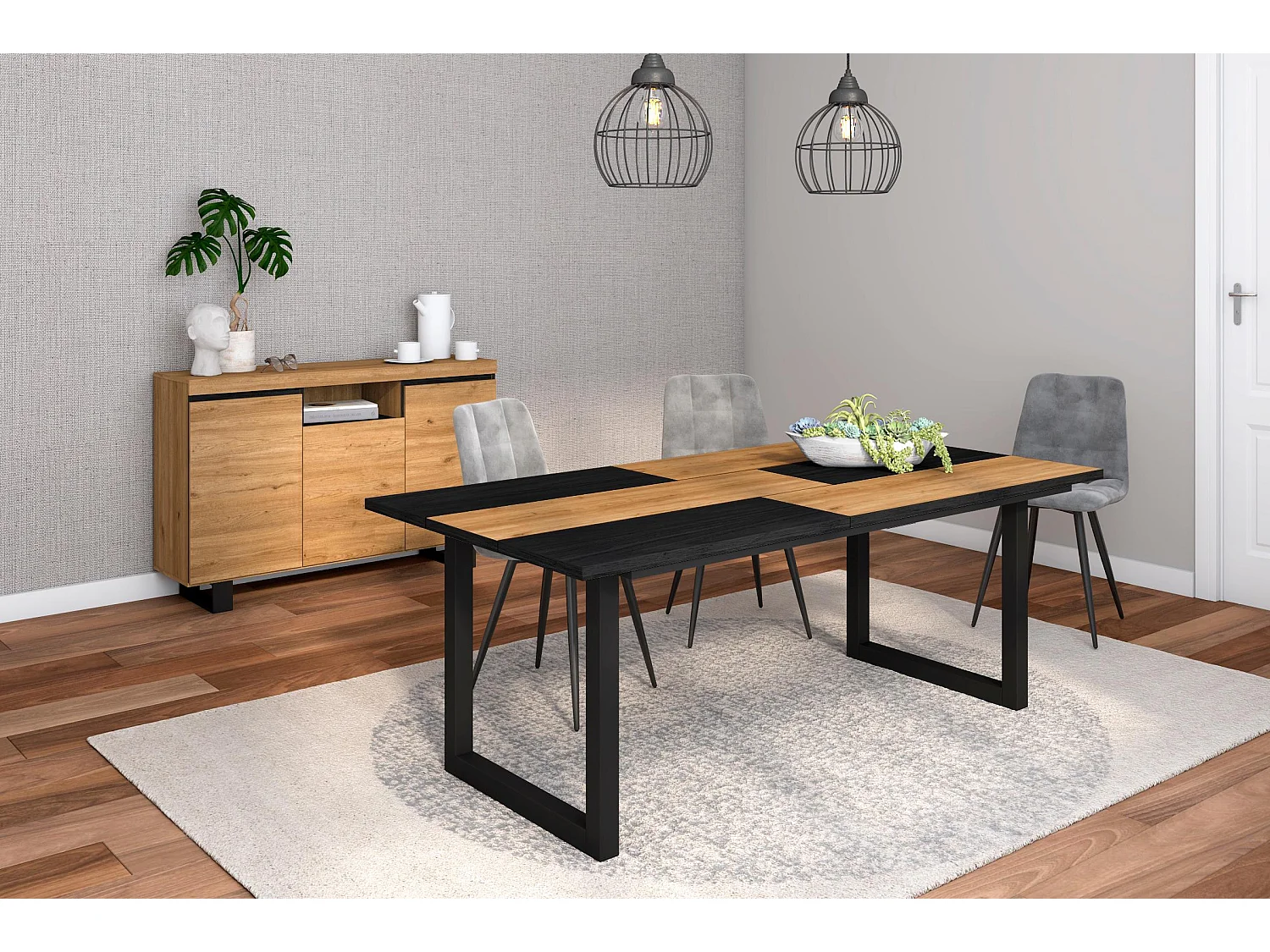 Conjunto muebles salon, Mesa 200 Bicolor patas U 10 comensales, Aparador / Buffet 140 Tall, Roble y Negro, Estilo Industrial