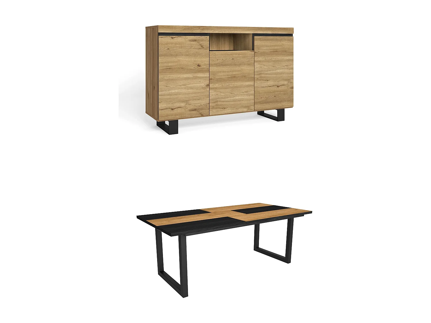 Conjunto muebles salon, Mesa 200 Bicolor patas U 10 comensales, Aparador / Buffet 140 Tall, Roble y Negro, Estilo Industrial