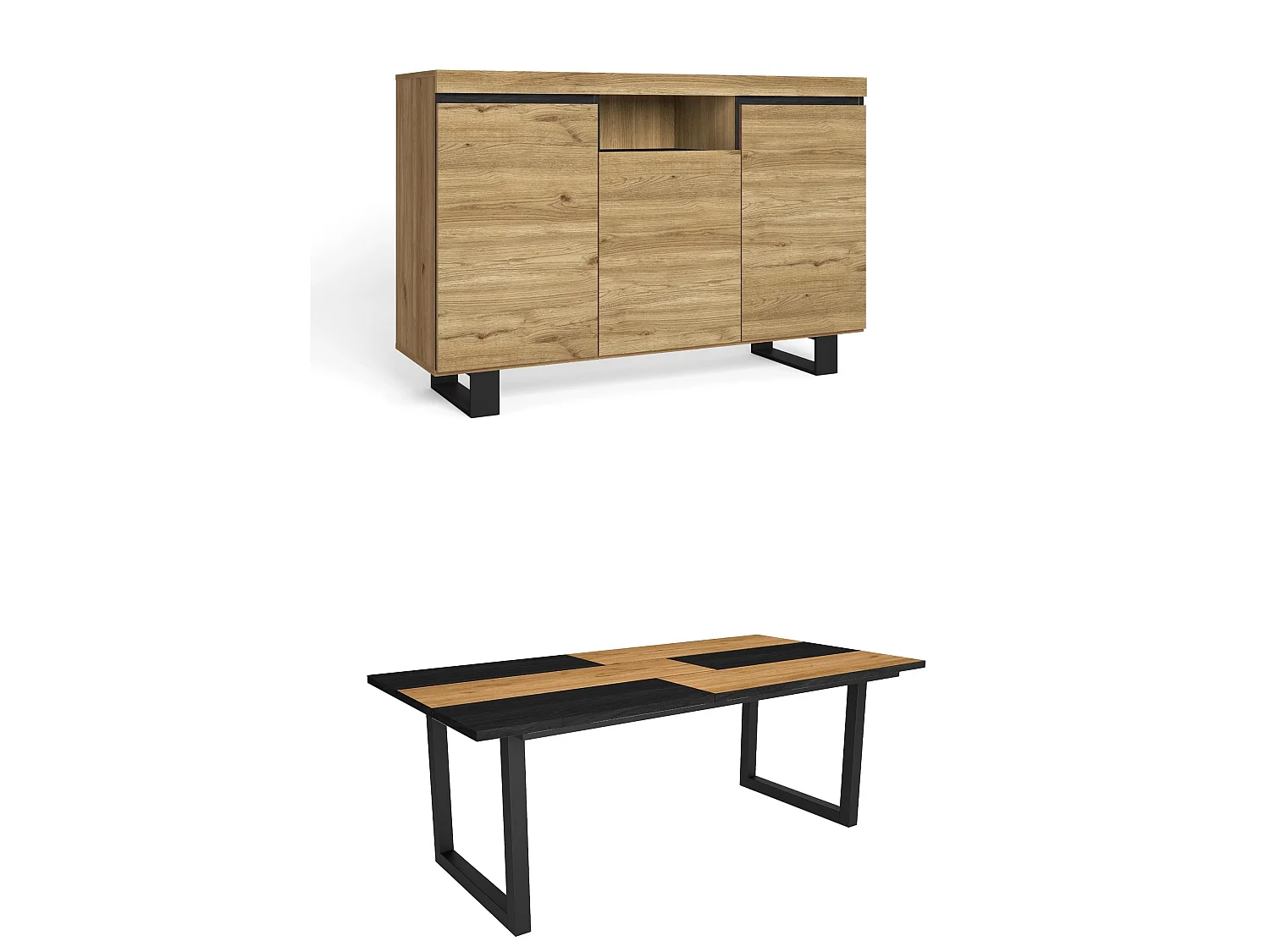 Woonkamermeubelset, Tafel 200 Bicolour Tafelpoten U 10 gasten, Sideboard / Buffetkast 140 Tall, Eiken en Zwart, Industriële stijl