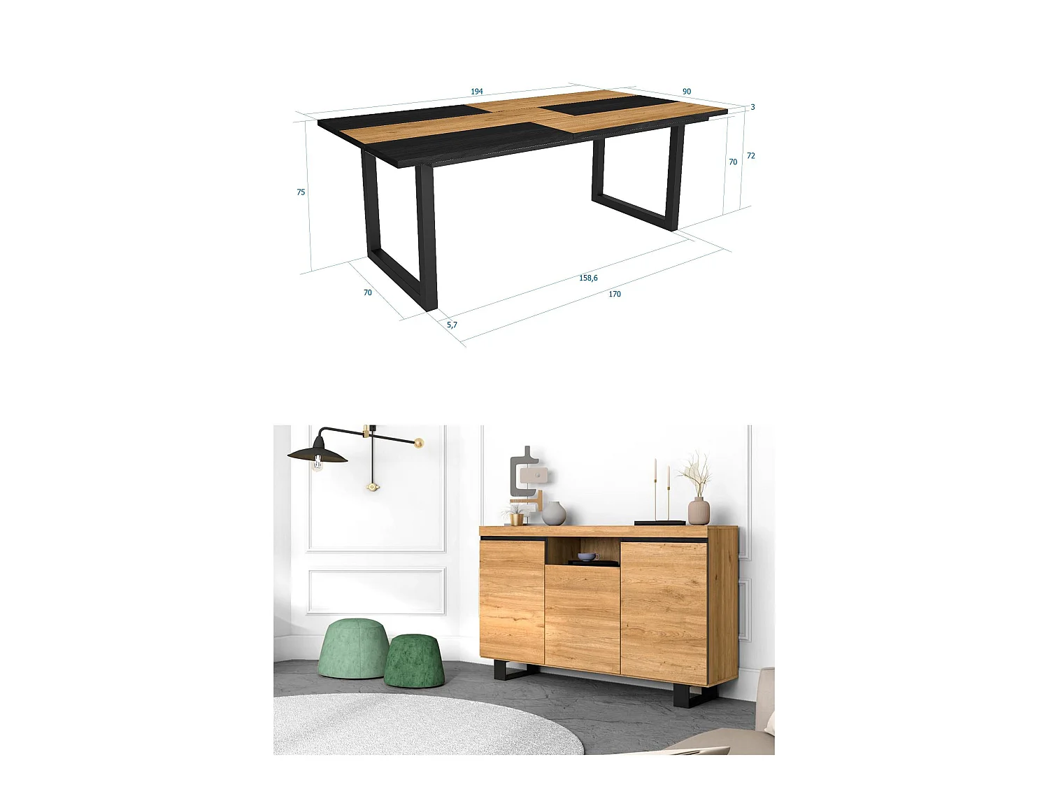Woonkamermeubelset, Tafel 200 Bicolour Tafelpoten U 10 gasten, Sideboard / Buffetkast 140 Tall, Eiken en Zwart, Industriële stijl