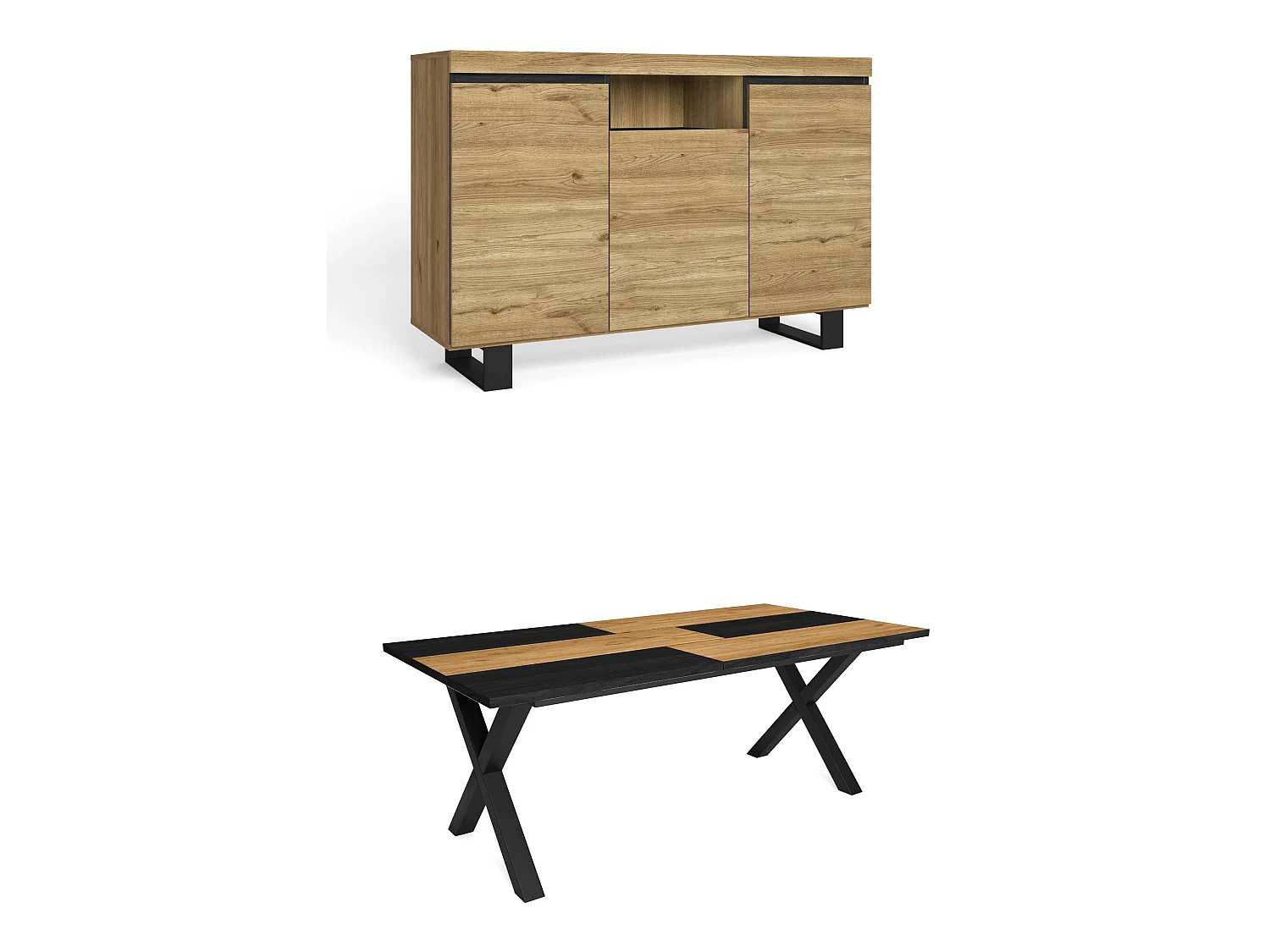 Woonkamermeubelset, Tafel 200 Bicolour Tafelpoten X 10 gasten, Sideboard / Buffetkast 140 Tall, Eiken en Zwart, Industriële stijl
