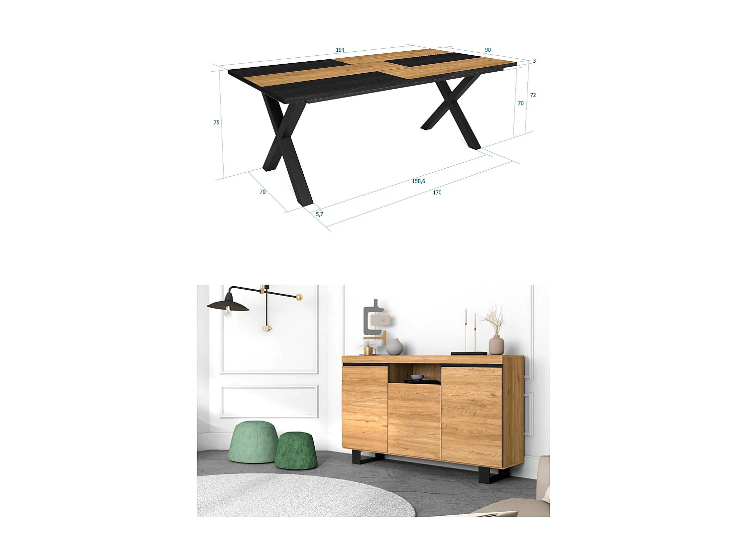 Conjunto de mobiliário para sala de estar, Mesa 200 Bicolor pés X 10 pessoas, Aparador / Buffet 140 Tall, Carvalho e preto