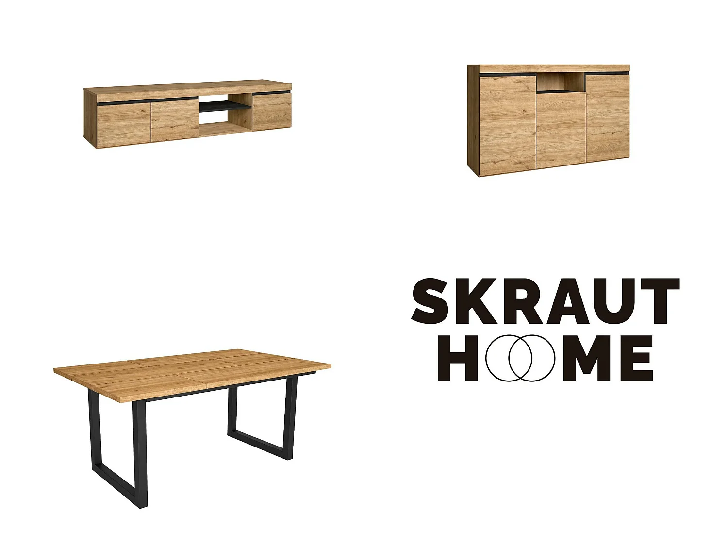 Conjunto de mobiliário para sala de estar, Mesa 170 pés U 8 pessoas, Suporte TV 160, Aparador / Buffet 140, Carvalho e Preto