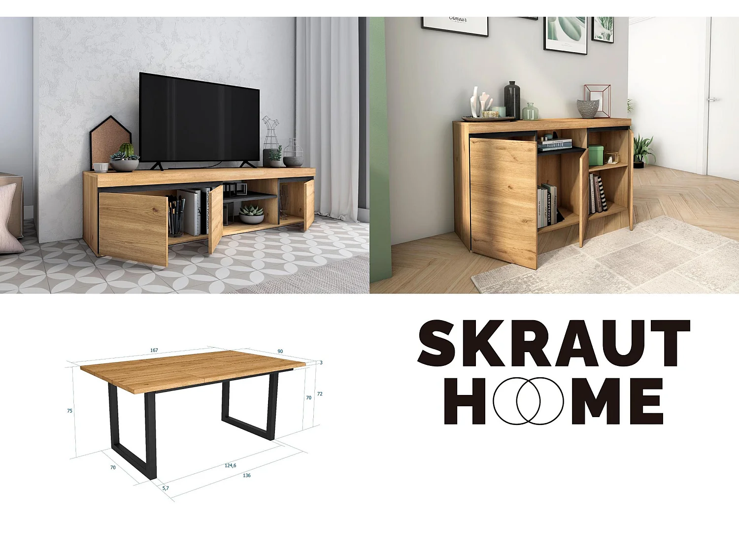 Conjunto de mobiliário para sala de estar, Mesa 170 pés U 8 pessoas, Suporte TV 160, Aparador / Buffet 140, Carvalho e Preto