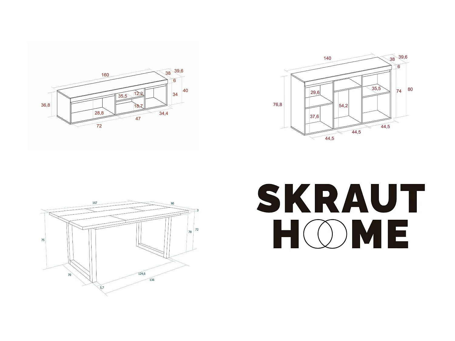Conjunto de mobiliário para sala de estar, Mesa 170 pés U 8 pessoas, Suporte TV 160, Aparador / Buffet 140, Carvalho e Preto