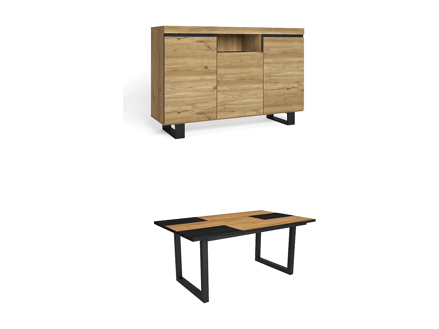 Conjunto de mobiliário para sala de estar, Mesa 170 Bicolor pés U 8 pessoas, Aparador / Buffet 140 Tall, Carvalho, Preto, Industrial