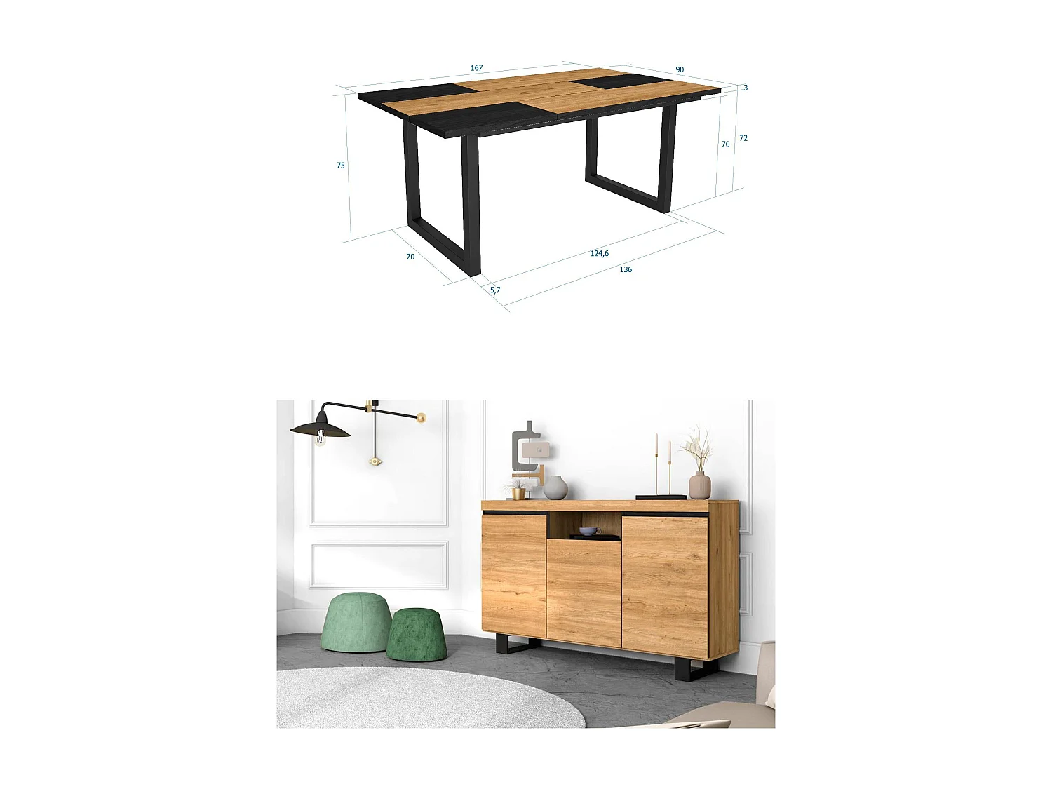 Conjunto de mobiliário para sala de estar, Mesa 170 Bicolor pés U 8 pessoas, Aparador / Buffet 140 Tall, Carvalho, Preto, Industrial