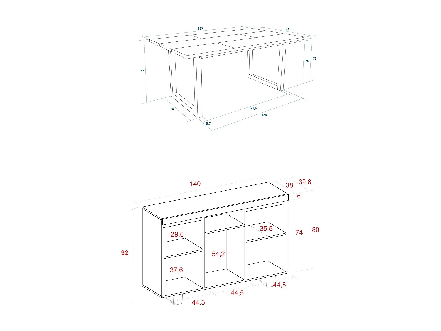 Conjunto de mobiliário para sala de estar, Mesa 170 Bicolor pés U 8 pessoas, Aparador / Buffet 140 Tall, Carvalho, Preto, Industrial