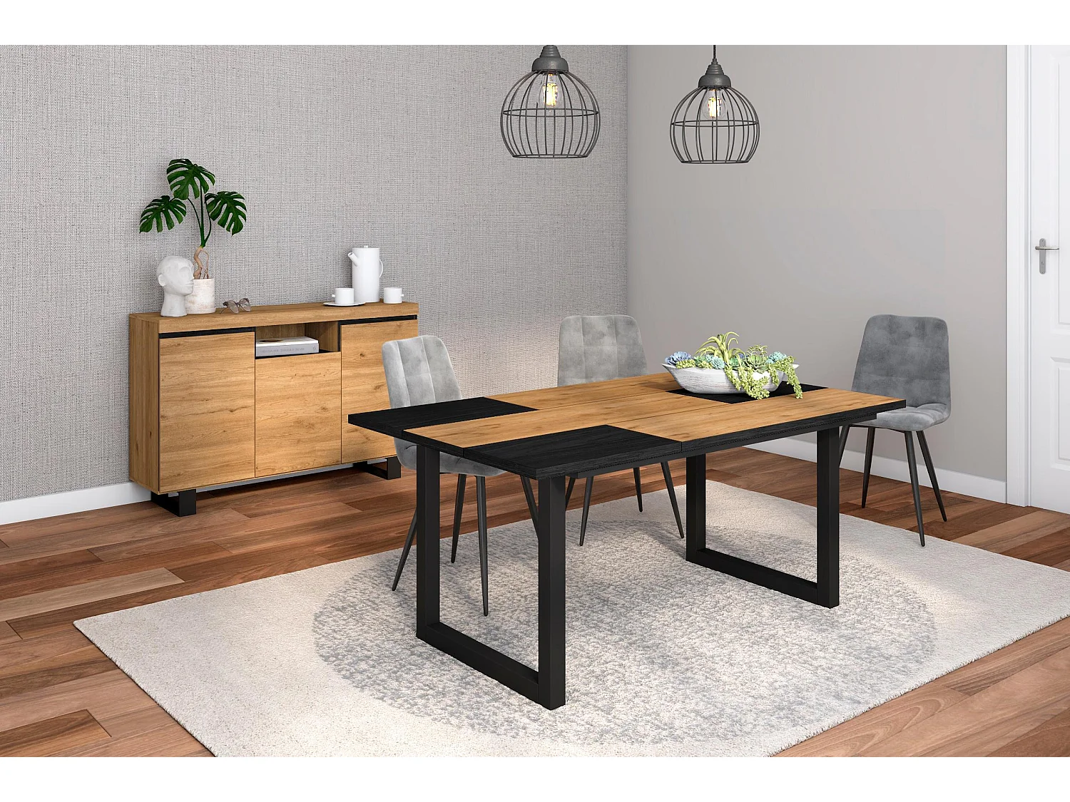 Ensemble de meubles de salon, Table 170 Bicolore pieds U 8 convives, Crédence / Buffet 140 Tall, Chêne et Noir, Style Industriel