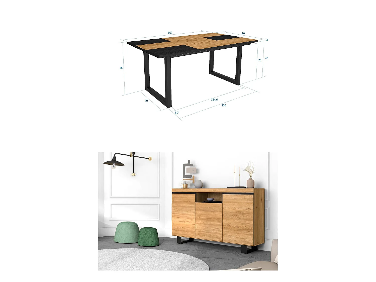 Ensemble de meubles de salon, Table 170 Bicolore pieds U 8 convives, Crédence / Buffet 140 Tall, Chêne et Noir, Style Industriel