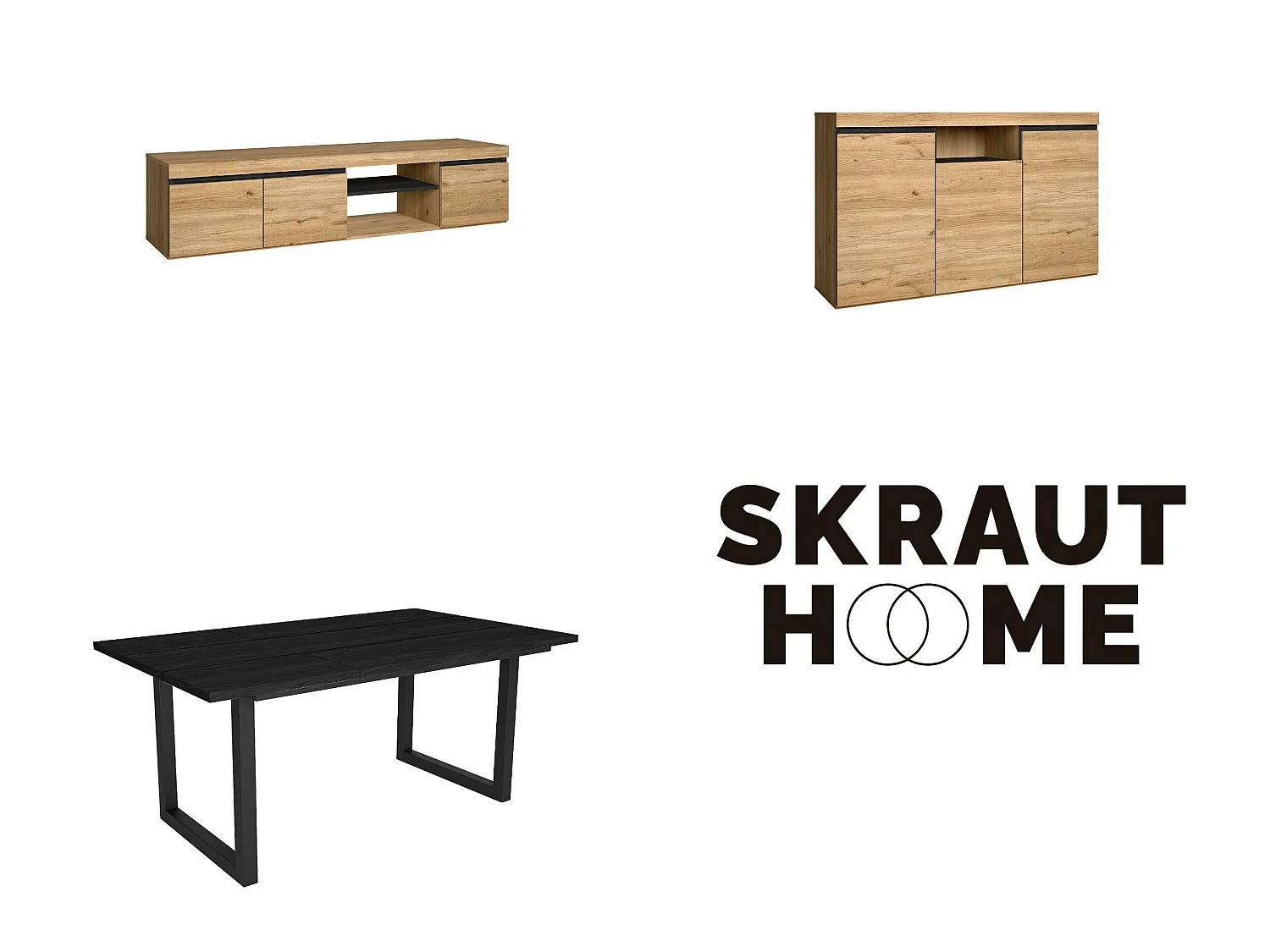 Ensemble de meubles de salon, Table 170 Noire pieds U 8 convives, Meuble TV 160, Crédence / Buffet 140, Chêne et Noir, Industriel