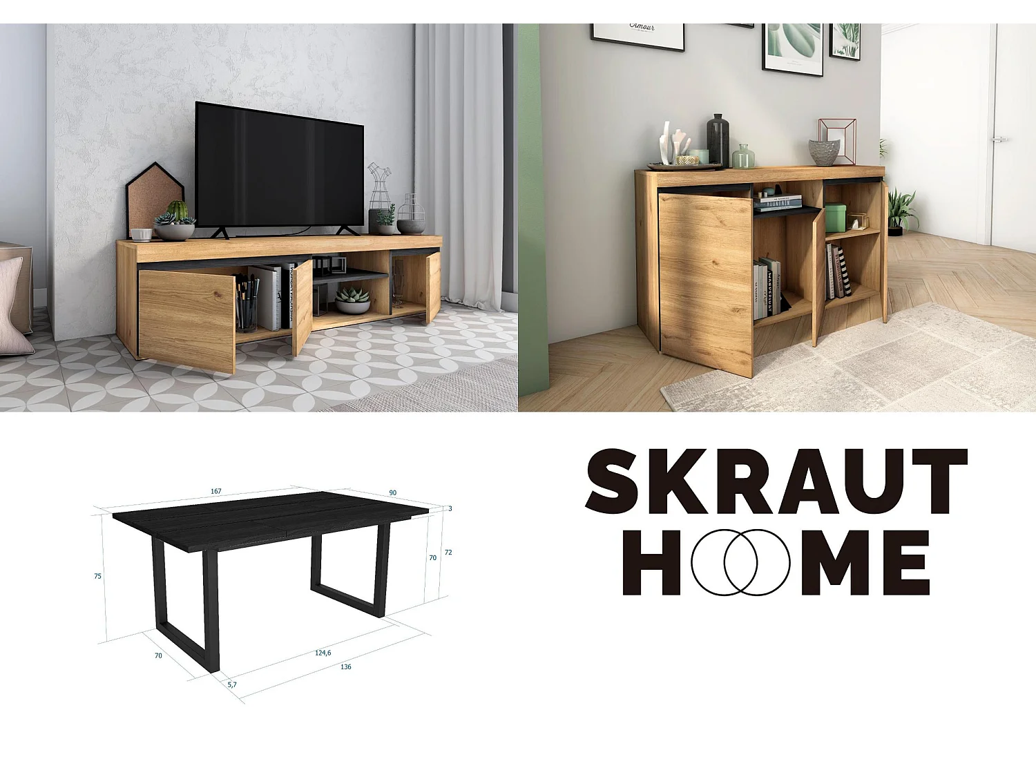 Ensemble de meubles de salon, Table 170 Noire pieds U 8 convives, Meuble TV 160, Crédence / Buffet 140, Chêne et Noir, Industriel