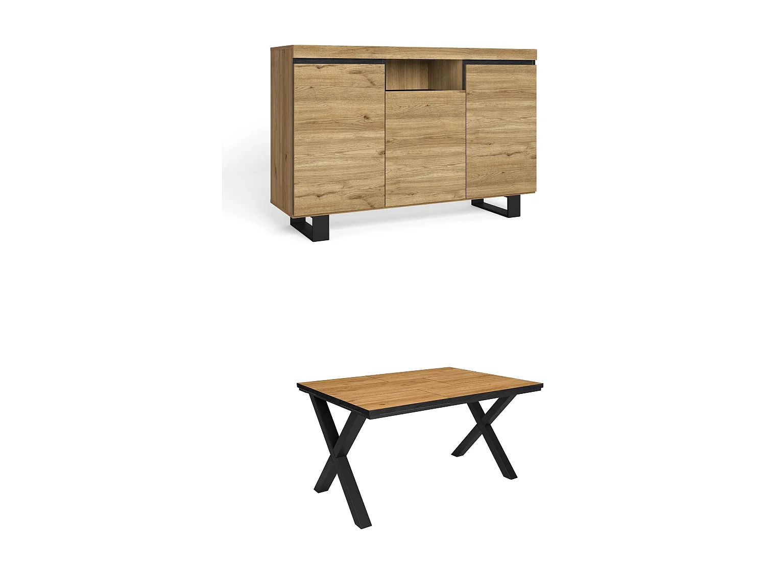 Conjunto de mobiliário para sala de estar, Mesa 140 Borda preta pés X 6 pessoas, Aparador / Buffet 140 Tall, Carvalho e Preto