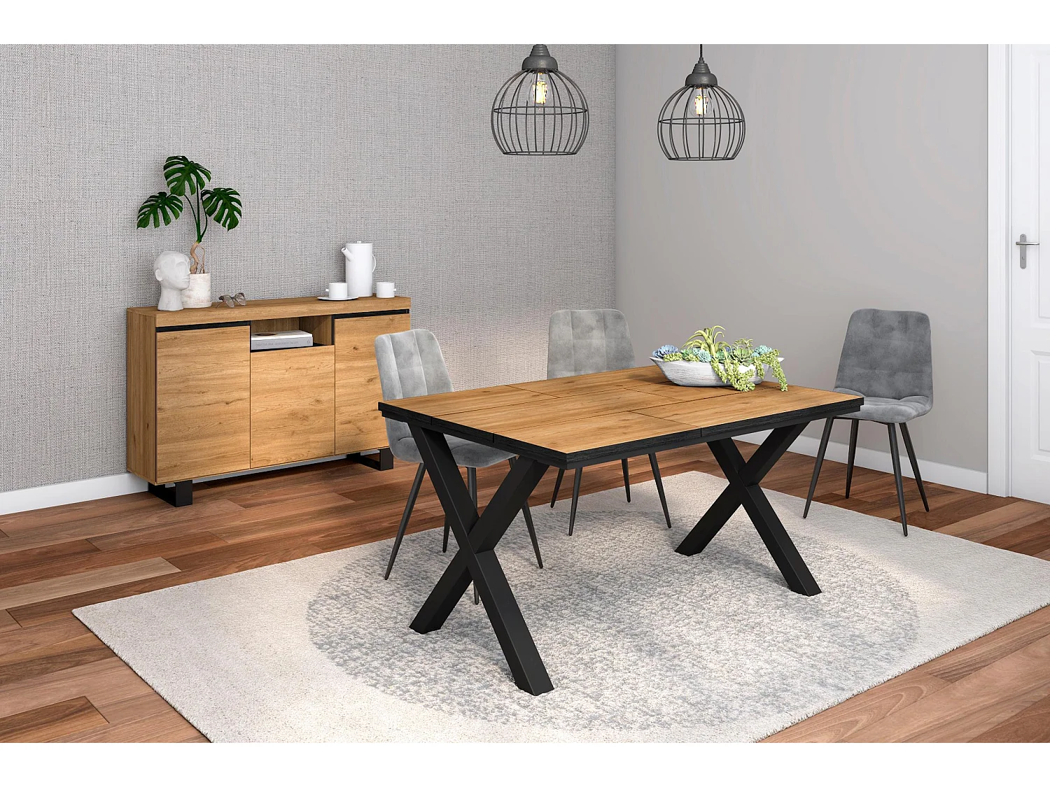 Conjunto de mobiliário para sala de estar, Mesa 140 Borda preta pés X 6 pessoas, Aparador / Buffet 140 Tall, Carvalho e Preto