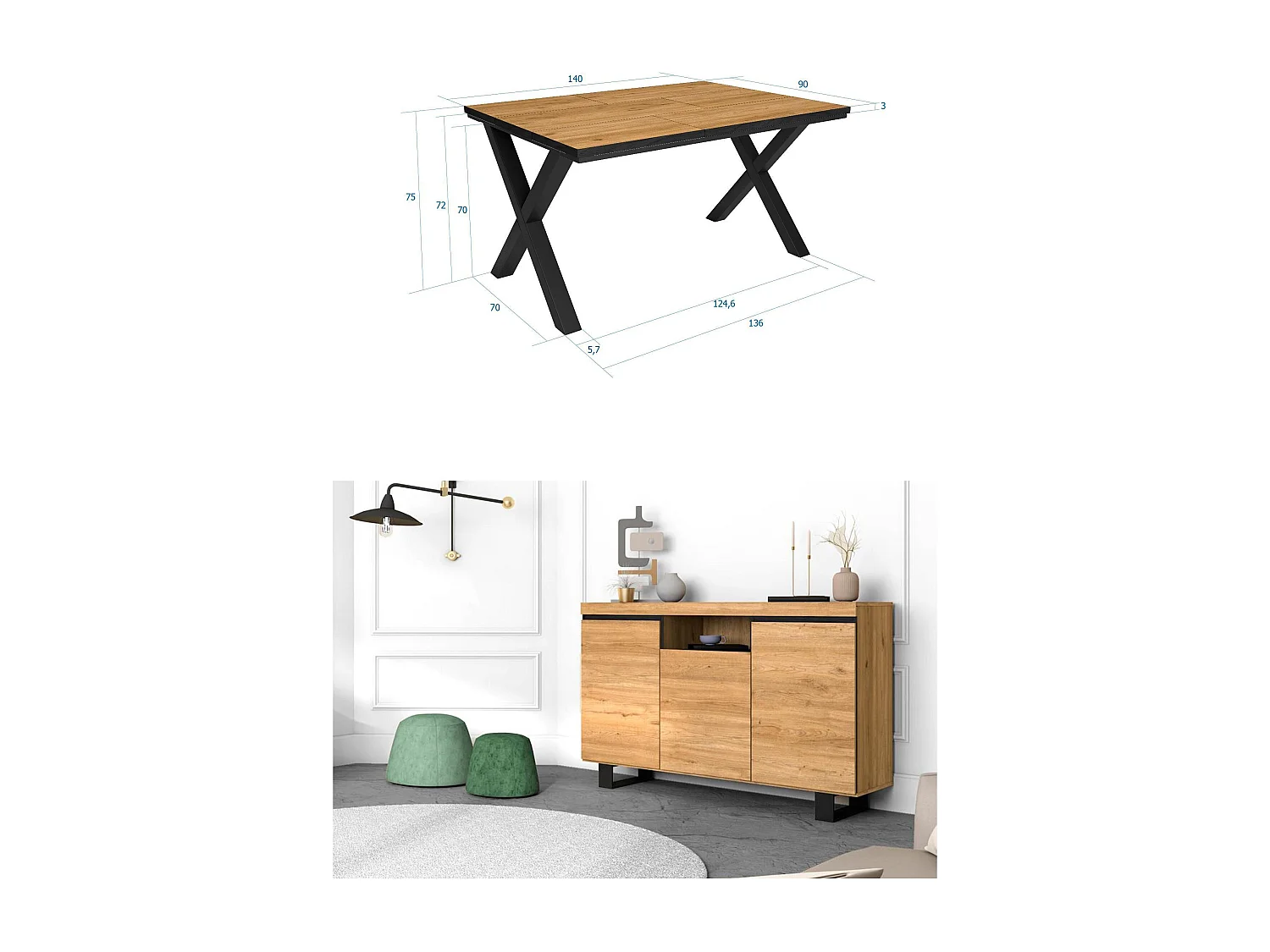 Conjunto de mobiliário para sala de estar, Mesa 140 Borda preta pés X 6 pessoas, Aparador / Buffet 140 Tall, Carvalho e Preto