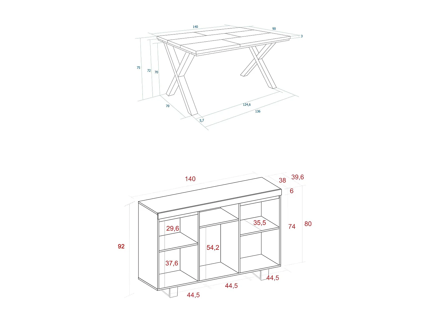 Conjunto de mobiliário para sala de estar, Mesa 140 Borda preta pés X 6 pessoas, Aparador / Buffet 140 Tall, Carvalho e Preto
