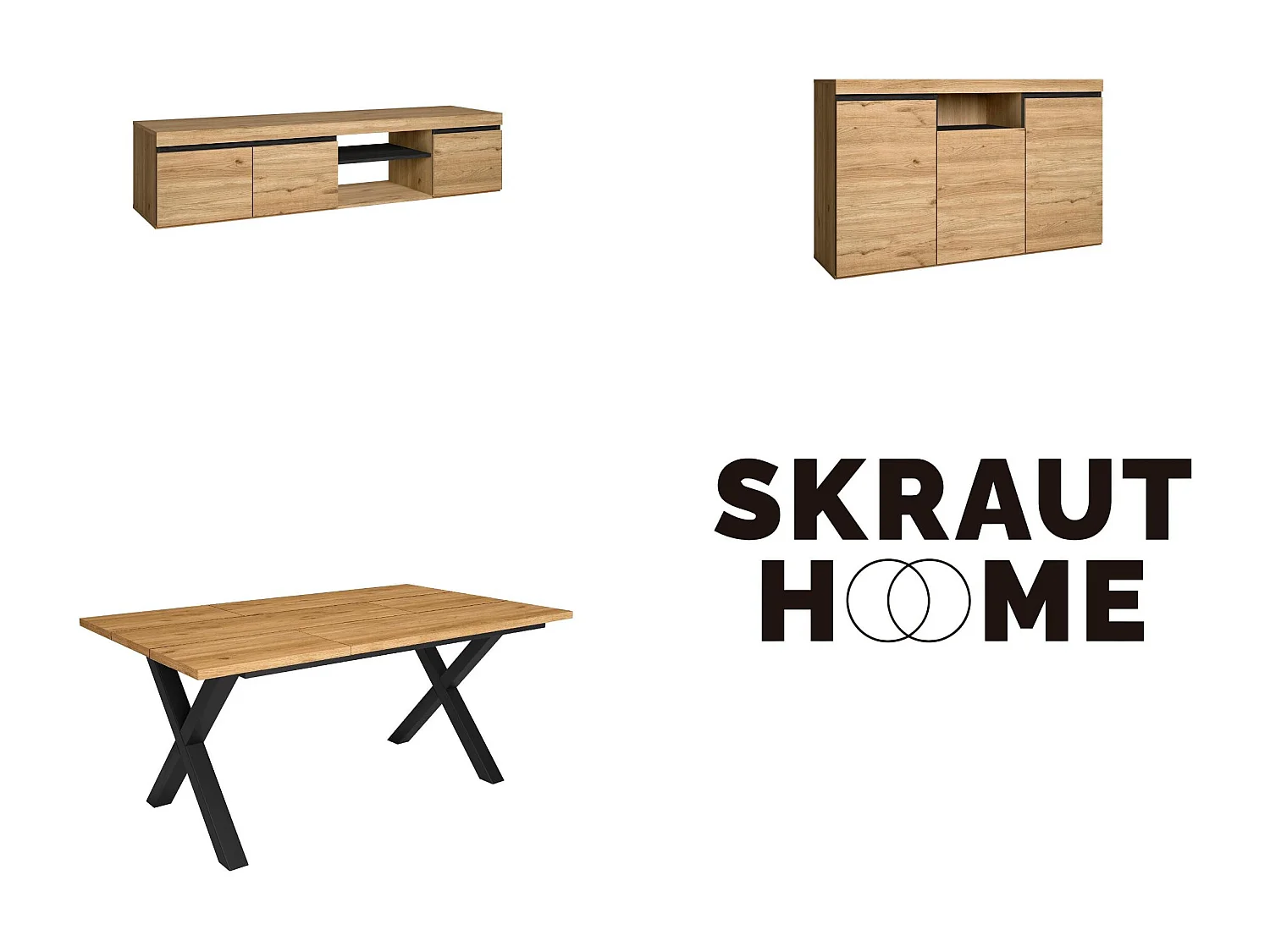 Ensemble de meubles de salon, Table 170 pieds U 8 convives, Meuble TV 160, Crédence / Buffet 140, Chêne et Noir, Style Industriel