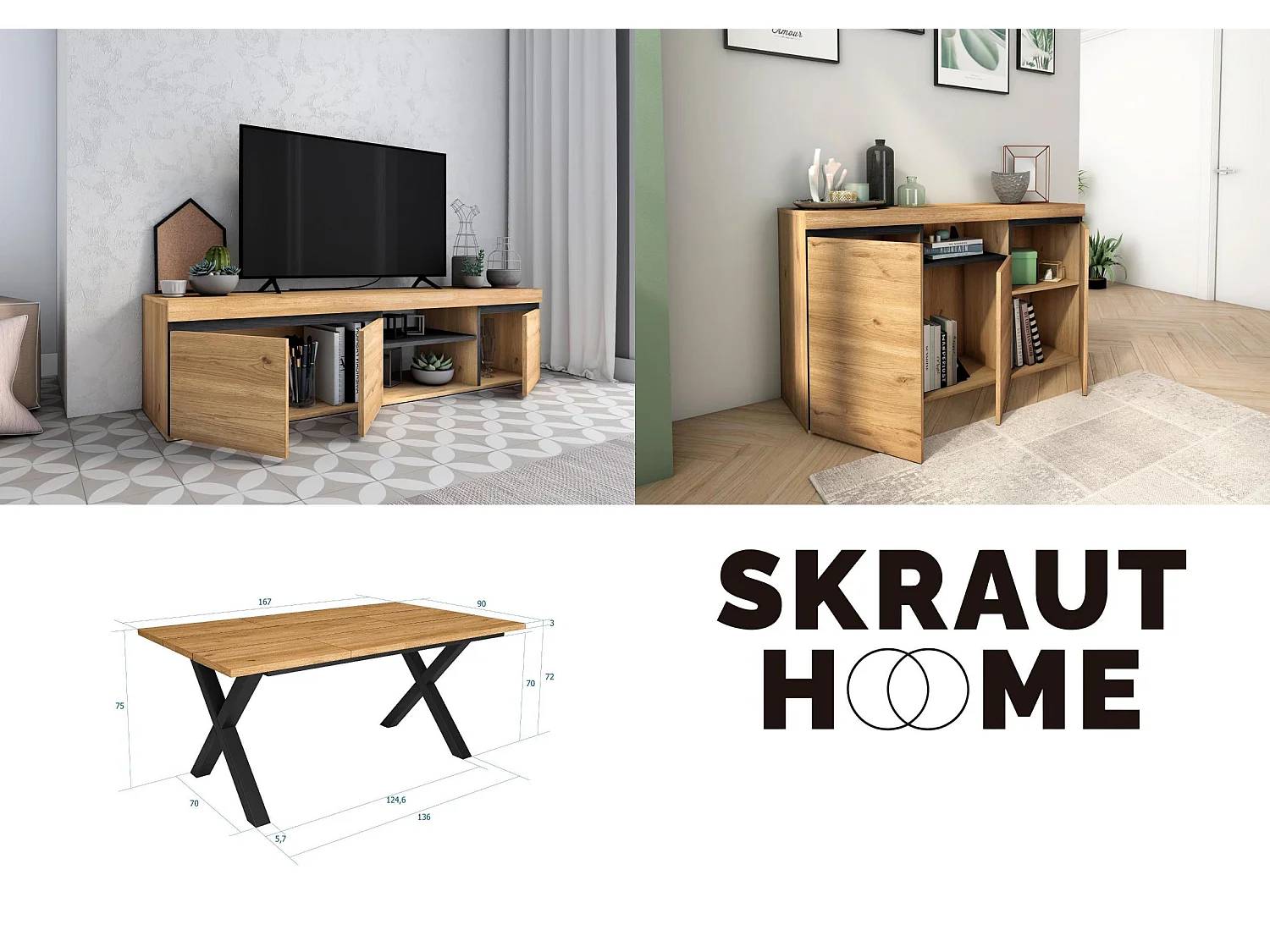 Ensemble de meubles de salon, Table 170 pieds U 8 convives, Meuble TV 160, Crédence / Buffet 140, Chêne et Noir, Style Industriel