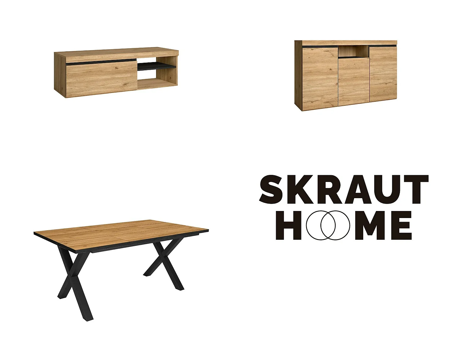 Conjunto de mobiliário para sala de estar, Mesa 170 Borda preta pés X 8 pessoas, Suporte TV120, Aparador / Buffet140, Carvalh, Preto