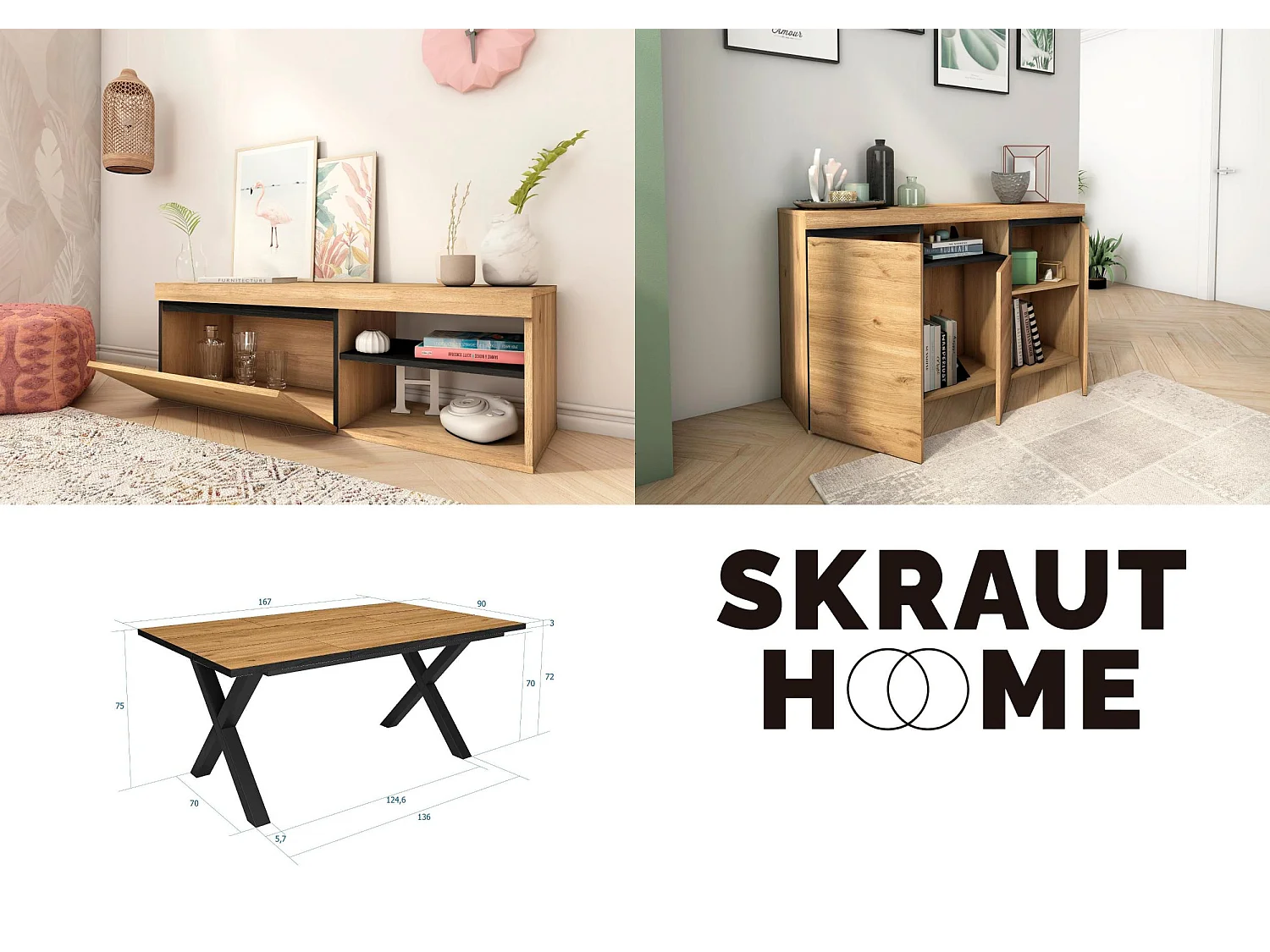 Conjunto de mobiliário para sala de estar, Mesa 170 Borda preta pés X 8 pessoas, Suporte TV120, Aparador / Buffet140, Carvalh, Preto