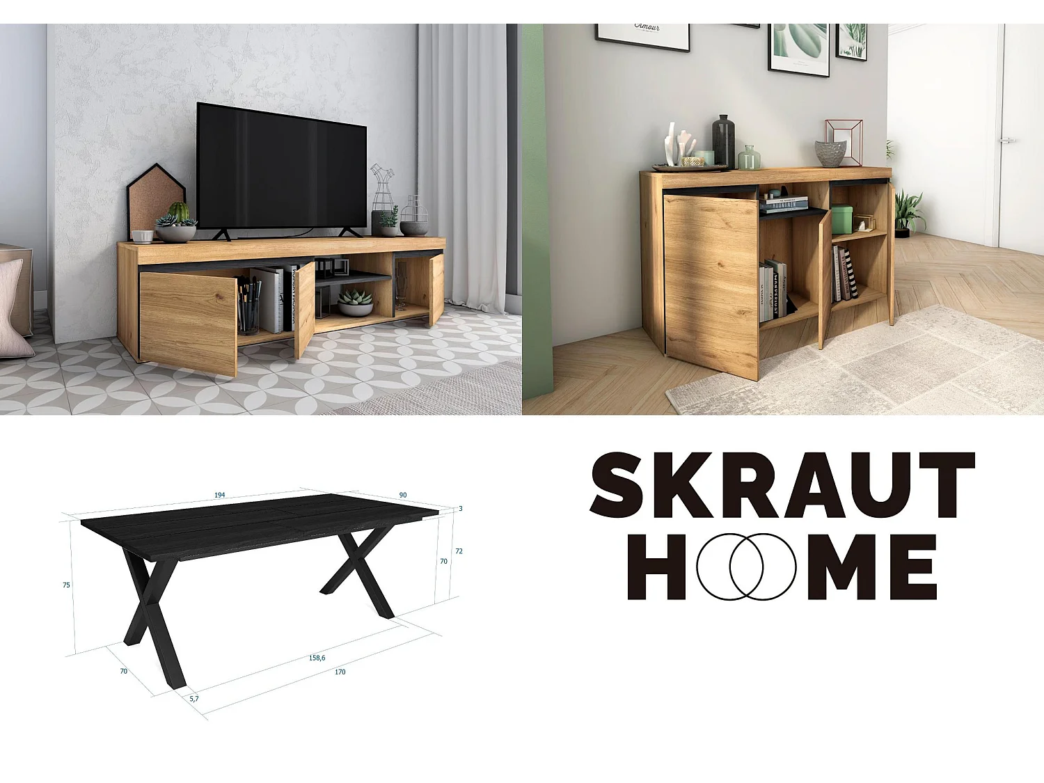 Woonkamermeubelset, Tafel 200 Zwarte Tafelpoten X 10 gasten, TV Kast 160, Sideboard / Buffetkast 140, Eiken en Zwart, Industriële