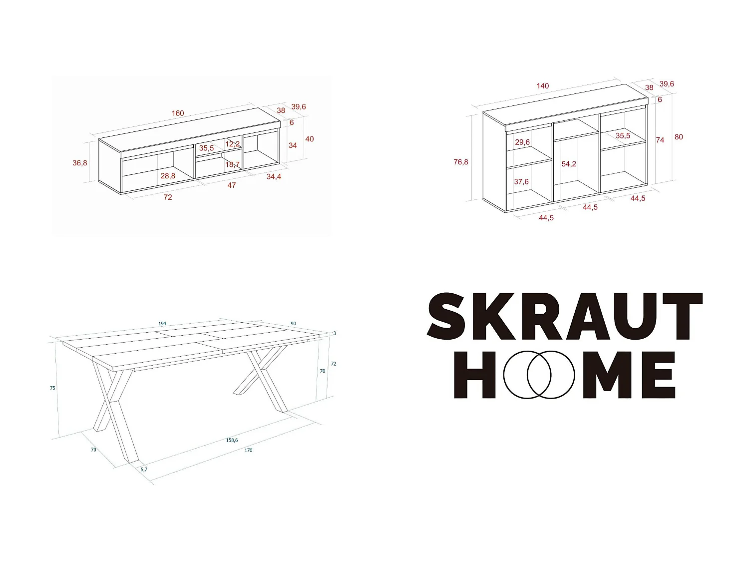 Woonkamermeubelset, Tafel 200 Zwarte Tafelpoten X 10 gasten, TV Kast 160, Sideboard / Buffetkast 140, Eiken en Zwart, Industriële