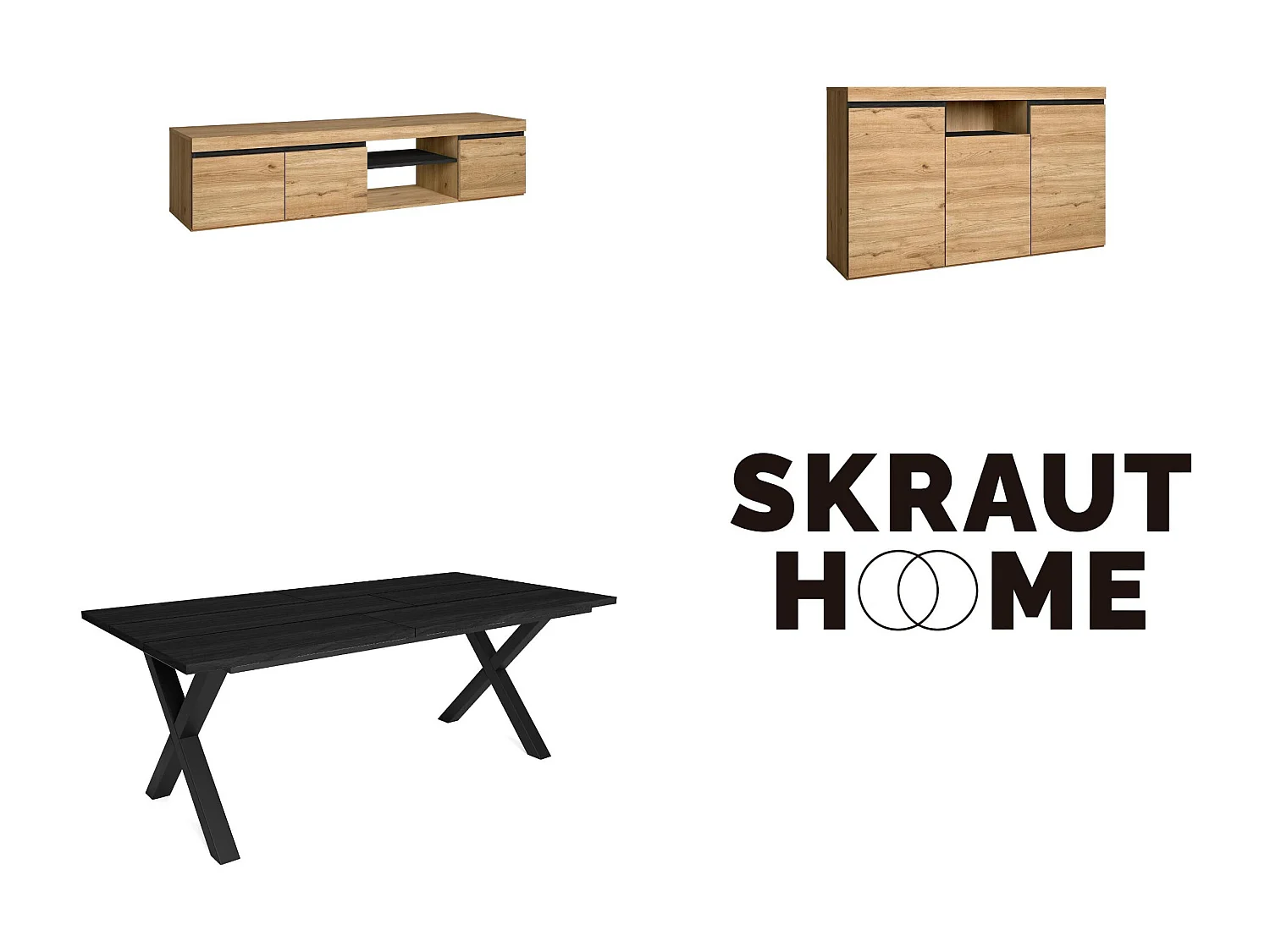 Set di mobili per il soggiorno, Tavolo 200 Nera piedi X 10 commensali, Mobile TV 160, Madia / Credenza 140, Rovere e nero