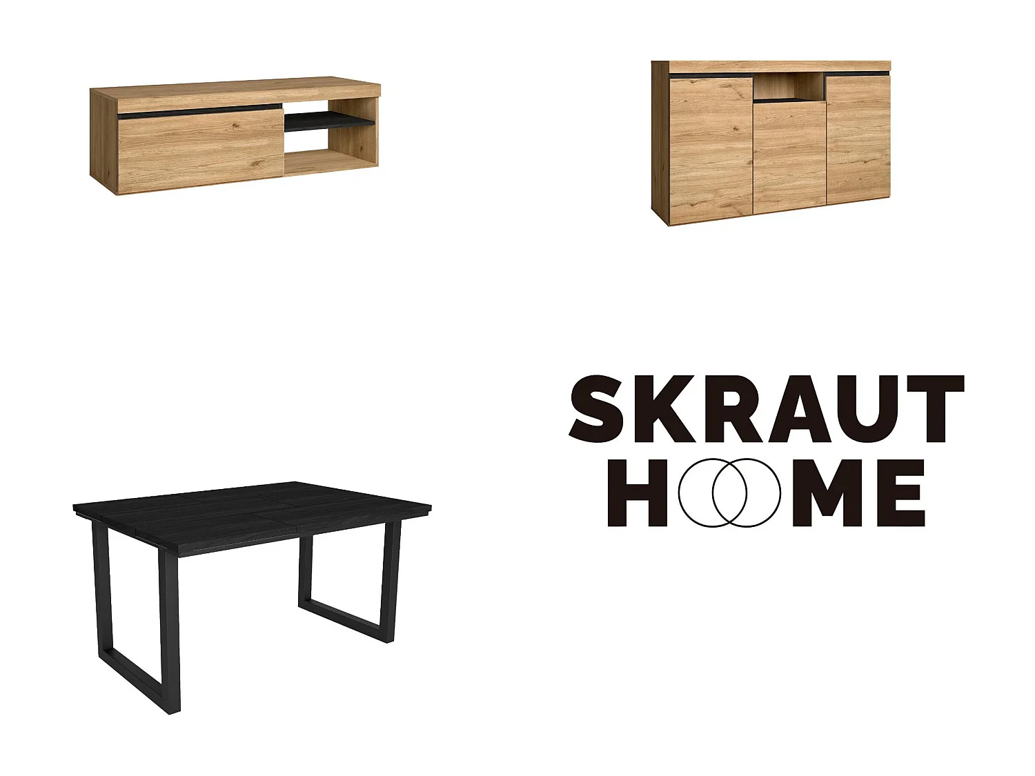 Woonkamermeubelset, Tafel 140 Zwarte Tafelpoten U 6 gasten, TV Kast 120, Sideboard / Buffetkast 140, Eiken en Zwart, Industriële