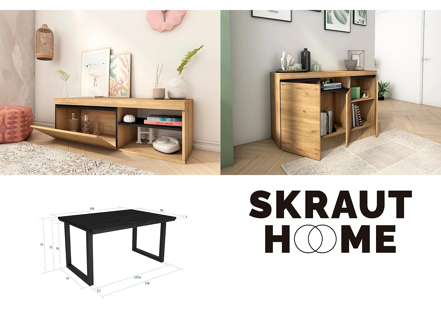 Woonkamermeubelset, Tafel 140 Zwarte Tafelpoten U 6 gasten, TV Kast 120, Sideboard / Buffetkast 140, Eiken en Zwart, Industriële