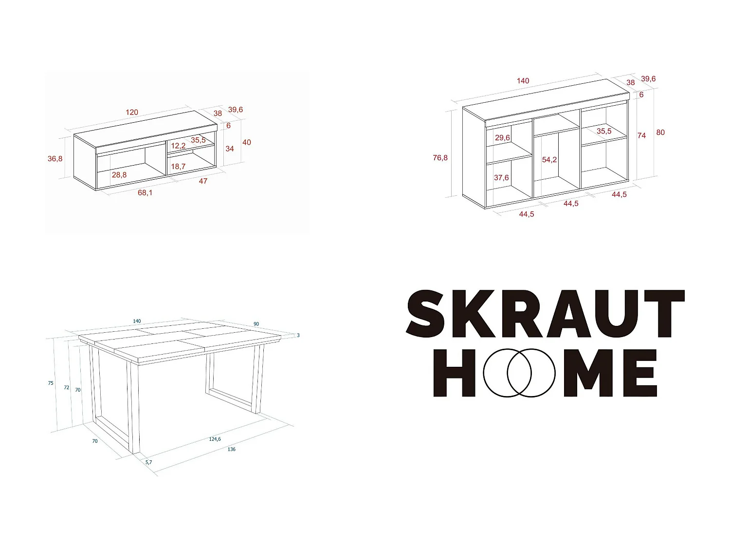 Woonkamermeubelset, Tafel 140 Zwarte Tafelpoten U 6 gasten, TV Kast 120, Sideboard / Buffetkast 140, Eiken en Zwart, Industriële