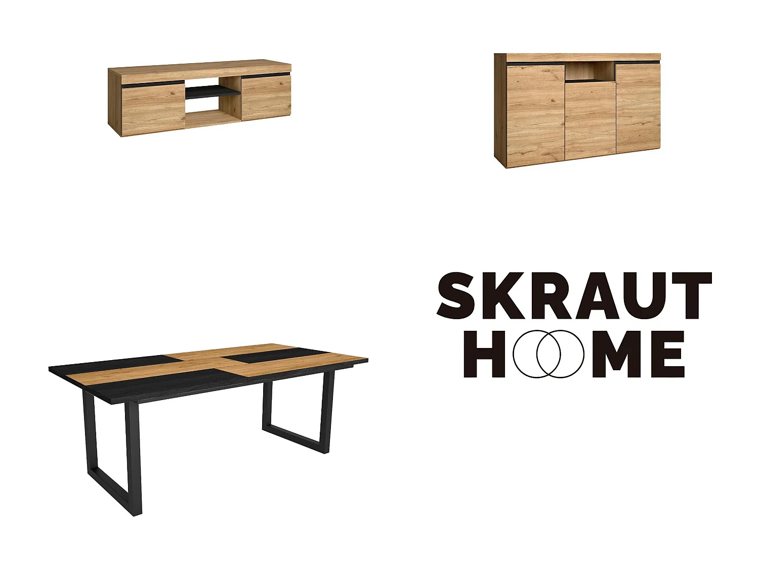 Ensemble de meubles de salon, Table 200 Bicolore pieds U 10 convives, Meuble TV 140, Crédence / Buffet 140, Chêne, Noir, Industriel