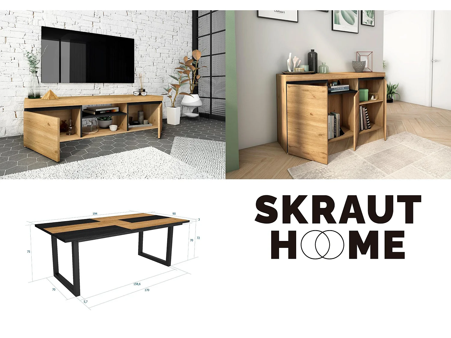 Set di mobili per il soggiorno, Tavolo 200 Bicolore piedi U 10 commensali, Mobile TV 140, Madia / Credenza 140, Rovere e Nero