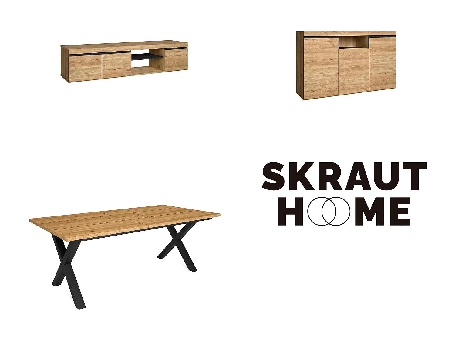 Woonkamermeubelset, Tafel 200 Tafelpoten X 10 gasten, TV Kast 160, Sideboard / Buffetkast 140, Eiken en Zwart, Industriële stijl