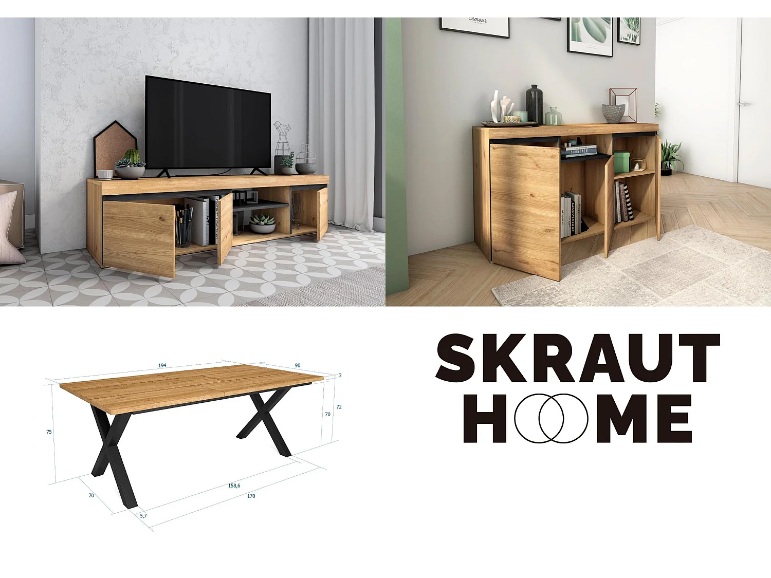 Woonkamermeubelset, Tafel 200 Tafelpoten X 10 gasten, TV Kast 160, Sideboard / Buffetkast 140, Eiken en Zwart, Industriële stijl