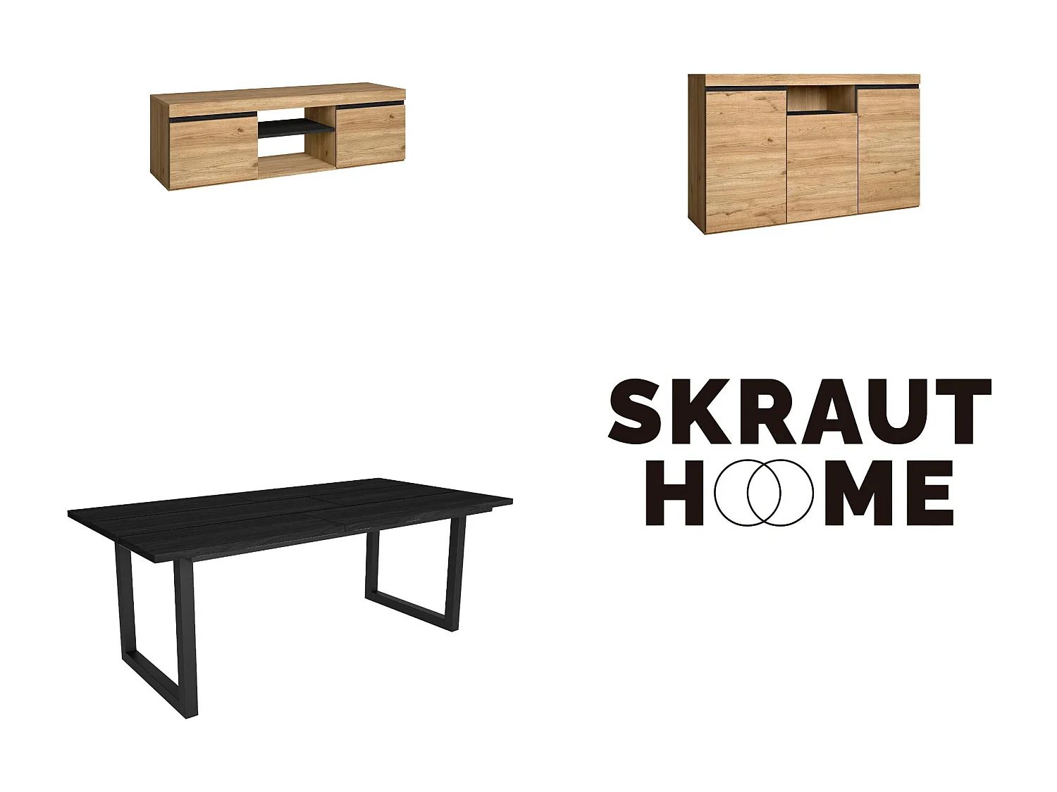 Ensemble de meubles de salon, Table 200 Noire pieds U 10 convives, Meuble TV 140, Crédence / Buffet 140, Chêne et Noir, Industriel