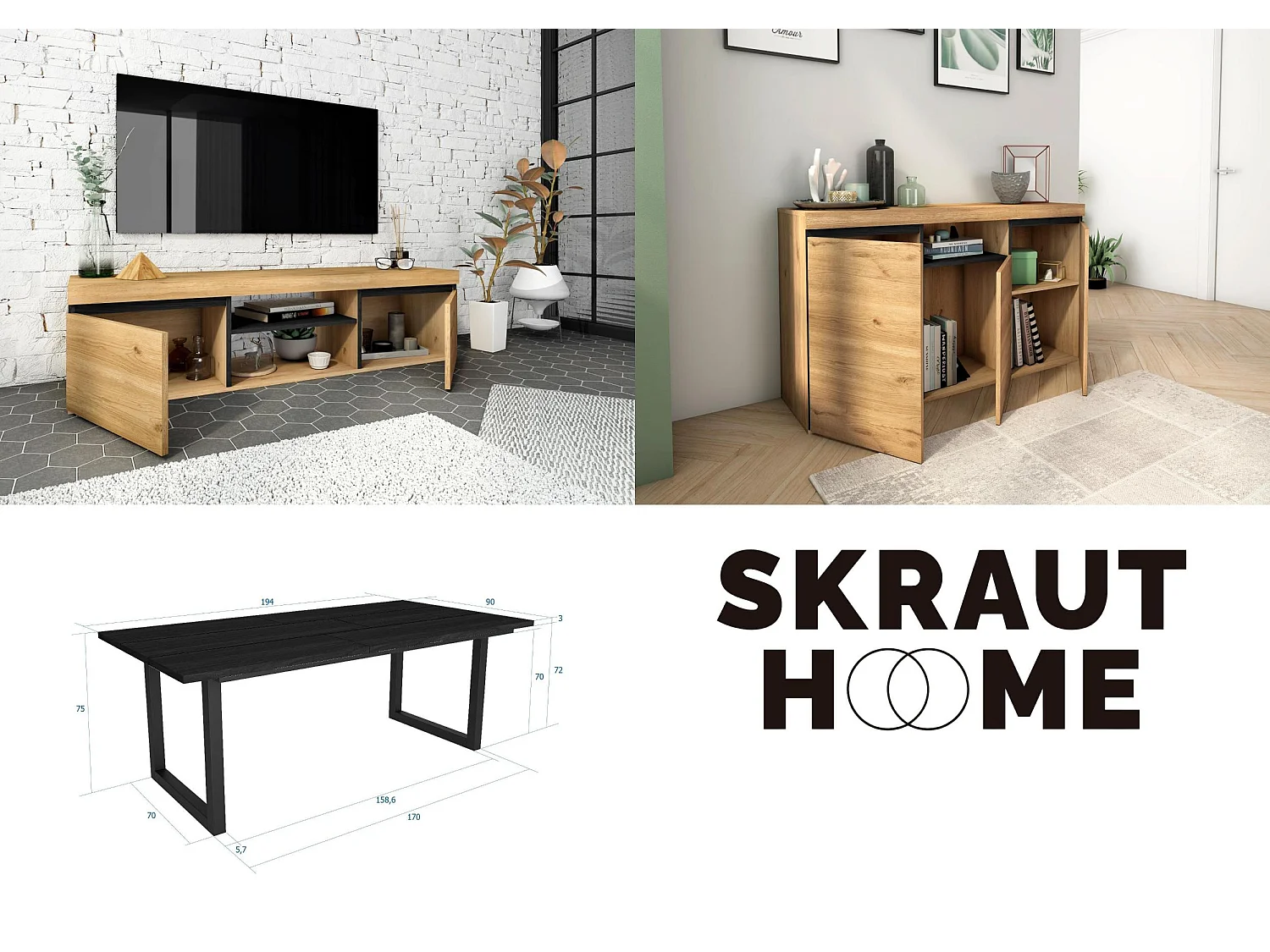 Conjunto de mobiliário para sala de estar, Mesa 200 preta pés U 10 pessoas, Suporte TV 140, Aparador / Buffet 140, Preto e Carvalho