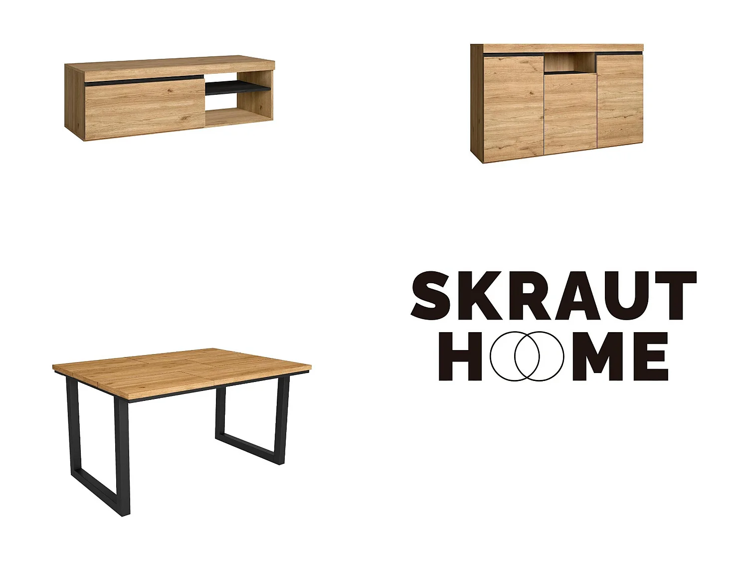 Woonkamermeubelset, Tafel 140 Tafelpoten U 6 gasten, TV Kast 120, Sideboard / Buffetkast 140, Eiken en Zwart, Industriële stijl